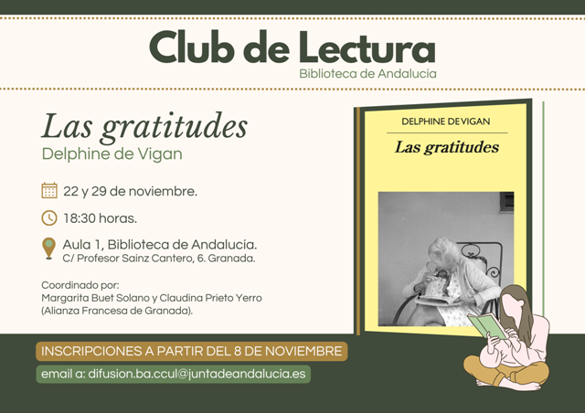 Club de lectura Las gratitudes, de Delphine de Vigan - Inicio -  Biblioteca de Andalucía